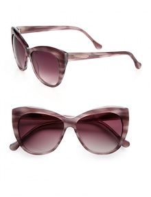 Crafted in hand-made acetate, this retro, exaggerated cat's-eye design is ultra-cool. Available in shiny purple with brown gradient lens or black with black gradient lens.Acetate temples100% UV protectionImported Crafted in hand-made acetate, this retro, exaggerated cat's-eye design is ultra-cool. Available in shiny purple with brown gradient lens or black with black gradient lens.Acetate temples100% UV protectionImported