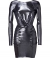 Statement-making and fantastically futuristic, Faith Connexions metallic stretch dress is an ultra contemporary choice for cocktails - Wide neckline with deep V in back, long sleeves, pleated front, hidden side zip - Form-fitting - Wear with flawless pumps and an oversized clutch