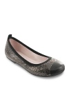 Bloch's sleek, snake-print ballet flat is finished with polished leather trim at the toe and along the ankle.
