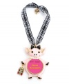 Think pink. Show off your playful side with Betsey Johnson's pink pig picture frame ornament. Accessorized with a bow and pearl necklace and carrying a wrapped present, it's adorned with sparkling crystal accents. Made in gold tone mixed metal, it hangs from a gingham ribbon. Approximate length: 2-3/4 inches. Approximate drop: 4-1/4 inches.