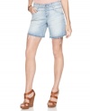 Usher in warmer days in these DKNY Jeans shorts. The raw-edged released hem and a sandblasted wash recall well-loved vintage cut-off shorts!