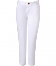 Stunning summer pants in white cotton - looks clean, fresh and pure - great for hot days on vacation, in the city - mega trendy 3/4 mid-calf length - typical chino cut, i.e. pretty casual, relaxed and comfortable cut - pants have a slightly higher waist, belt loops, marked button closure - nice with the new wedge-heels (wedge heels make your legs look slender) Stunning summer pants in white cotton - looks clean, fresh and pure - great for hot days on vacation, in the city - mega trendy 3/4 mid-calf length - typical chino cut, i.e. pretty casual, relaxed and comfortable cut - pants have a slightly higher waist, belt loops, marked button closure - nice with the new wedge-heels (wedge heels make your legs look slender)