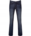 Stylish, straight leg jeans from LA lux denim brand, Seven for all Mankind - Classic five-pocket design features signature stitching at back pockets - Dark wash with thoughtful worn creasing - Essential jeans for day or night - Pair with cashmere sweater and a blazer, or with favorite tees and sandals