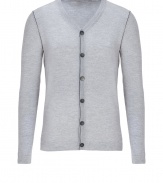 With a cool grey hue and modern contrast trim, Jil Sanders wool cardigan is both classic and contemporary - High V-neckline, long sleeves, button-down front, contrast trimmed seaming - Slim fit - Wear with a button-down, tailored trousers and lace-ups