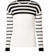 Work an optical edge into you contemporary knitwear collection with Jil Sanders cream and black striped pullover - Round neckline, contrast striped long sleeves, dropped shoulders, solid cuffs - Slim fit - Wear with a button-down, slim cut trousers and leather Chelsea boots