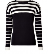 Work an optical edge into you contemporary knitwear collection with Jil Sanders black and cream striped pullover - Round neckline, contrast striped long sleeves, dropped shoulders, solid cuffs - Slim fit - Wear with a button-down, slim cut trousers and leather Chelsea boots