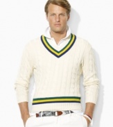 Accented with preppy stripes for an athletic-inspired finish, a classic cricket sweater is cable-knit from plush Pima cotton yarns for an ultra-soft hand.