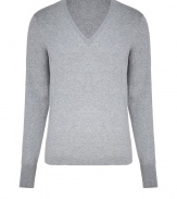 Stylish pullover in fine, light grey cotton - Soft, lightweight fabric is extremely comfortable and great for layering - Classic V-neck - Slim cut is  fitted throughout, hits below hip - A polished and versatile basic ideal for everyday - Pair with chinos, jeans or dressier trousers