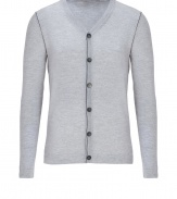With a cool grey hue and modern contrast trim, Jil Sanders wool cardigan is both classic and contemporary - High V-neckline, long sleeves, button-down front, contrast trimmed seaming - Slim fit - Wear with a button-down, tailored trousers and lace-ups