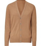 A must-have casual staple, this merino wool cardigan adds a preppy accent to any look - V-neck, long sleeves, front button placket, ribbed hem and cuffs, slim fit - Style with a cashmere pullover and straight leg jeans or chinos