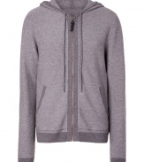 Finish your casual look on a luxe note with Eduns super soft heather grey hoodie, detailed with tonal trim for an understated modern edge - Drawstring hood, long sleeves, zippered front, split kangaroo pockets, darker tonal trim - Classic straight fit - Team with everything from flannels and jeans to graphic print tees and sneakers