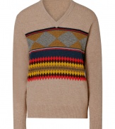 Lend a distinctive edge to your knitwear favorites with Burberry Brits colorful geometric patterned wool pullover - V-neckline, long sleeves, ribbed trim - Contemporary slim straight fit - Wear with black trousers and lace-up desert boots