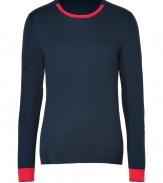 Work a cool colorblock into your knitwear collection with Marc by Marc Jacobs luxe modern iteration in a super soft mix of silk, cotton and cashmere - Round neckline with red trim, long sleeves, red cuffs, fine ribbed trim, red trim on back hemline - Slim fit - Wear with slim fit trousers and leather boots