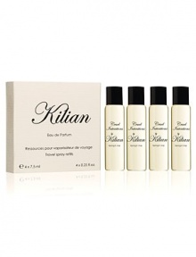 A fragrance inspired by the warm, enfolding balsamic notes of Oud, a legendary wood said to be worth more than its weight in gold. A travel spray for men and women. A magnetic object, literally. A monolith engraved with the Achilles' shield, signature of L'Oeuvre noire collection. As always, the travel spray is refillable, to travel with your favorite Kilian fragrance. A set with 4 refills, 0.25 oz. each. A fragrance inspired by the warm, enfolding balsamic notes of Oud, a legendary wood said to be worth more than its weight in gold. A travel spray for men and women. A magnetic object, literally. A monolith engraved with the Achilles' shield, signature of L'Oeuvre noire collection. As always, the travel spray is refillable, to travel with your favorite Kilian fragrance. A set with 4 refills, 0.25 oz. each.