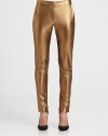 Stretch-leather leggings with a glossy metallic finish and convenient slash pockets. THE FITMedium rise, about 9Inseam, about 30THE DETAILSTab closureZip flyFront slash pocketsFully linedLeatherDry clean with leather specialistImported of Italian fabricModel shown is 5'9 (175cm) wearing US size 4.