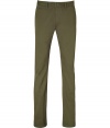 Stylish pants, in fine, army green cotton - Soft yet ultra-durable material feels great against the skin - Slim, straight chino cut tapers slightly through legs - Medium low rise, with belt loops and button closure - Slash pockets at sides, welt pockets at rear - A casually cool alternative to jeans, great for everyday leisure - Pair with pullovers, t-shirts and button downs