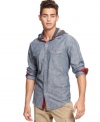 The standard jersey button down gets a sporty update with this hooded chambray shirt by Bar III.