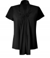 Raise the bar on contemporary classics with Steffen Schrauts elegant black short sleeve silk top -  Small stand up collar with decorative draped silk panel at front - Easy, feminine silhouette tapers gently through waist - Pair with a blazer or denim jacket and style with with pencil skirts, skinny denim or dress trousers