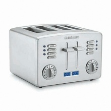 This innovative appliance is like two toasters in one. It has two control panels, each toasting two items at a time. Each control panel has an LED countdown timer, one-touch button controls, a 6-shade dial and settings for bagel, reheating and defrosting. The sophisticated styling includes brushed stainless steel housing with polished accents. Manufacturer's limited 3-year warranty. This innovative appliance is like two toasters in one. It has two control panels, each toasting two items at a time. Each control panel has an LED countdown timer, one-touch button controls, a 6-shade dial and settings for bagel, reheating and defrosting. The sophisticated styling includes brushed stainless steel housing with polished accents. Manufacturer's limited 3-year warranty.