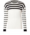 Work an optical edge into you contemporary knitwear collection with Jil Sanders cream and black striped pullover - Round neckline, contrast striped long sleeves, dropped shoulders, solid cuffs - Slim fit - Wear with a button-down, slim cut trousers and leather Chelsea boots