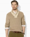 Crisp woven insets at the shawl collar lend a hint of rugged appeal to a timeless sweater in ribbed-knit cotton.