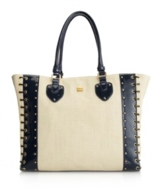 An ultra-chic tote with high-shine detailing is a modern girl must-have for the season ahead. Goldtone studs and whip stitch detailing decorate this soft straw tote by R&Em. An ultra-chic tote with high-shine detailing is a modern girl must-have for the season ahead. Goldtone studs and whip stitch detailing decorate this soft straw tote by R&Em.