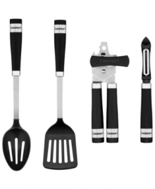 Stock up & save time in the kitchen. This comprehensive set, which includes slotted spoon, slotted turner, can opener and peeler, covers all the basics in your space. Crafted from stainless steel with comfort grips, each piece is dishwasher safe for easy cleanup. Stock up & save time in the kitchen. This comprehensive set, which includes slotted spoon, slotted turner, can opener and peeler, covers all the basics in your space. Crafted from stainless steel with comfort grips, each piece is dishwasher safe for easy cleanup.