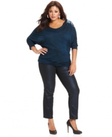 Go out in style with Seven7 Jeans' three-quarter-sleeve plus size top, featuring sequin detail. Go out in style with Seven7 Jeans' three-quarter-sleeve plus size top, featuring sequin detail.