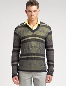 Perfect for layering, this luxurious lightweight v-neck pullover is multi-striped for sheer greatness.V-neck66% cotton/34% viscoseDry cleanImported of Italian fabric