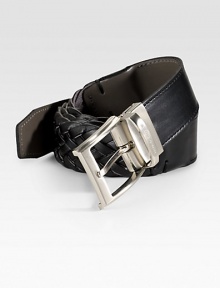 Neatly woven calfskin leather with a polished metal, logo-embossed buckle.LeatherAbout 1½ wideImported Neatly woven calfskin leather with a polished metal, logo-embossed buckle.LeatherAbout 1½ wideImported