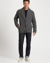 Bold, beefy ribbing in pure wool distinguishes an elegant cardigan that can double as a jacket or even a blazer.Shawl collar Button front Long raglan sleeves with ribbed cuffs Ribbed hem Wool Dry clean Imported