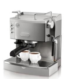 Espresso authentic. The De'Longhi Esclusivo espresso machine practically brews for you, pumping out bold, flavorful espresso topped with a perfect caramel-colored crema. For tasty cappuccinos, lattes and more, there's a patented frother system that mixes steam and milk in a special chamber for unrivaled creaminess. One-year warranty. Model EC702. Espresso authentic. The De'Longhi Esclusivo espresso machine practically brews for you, pumping out bold, flavorful espresso topped with a perfect caramel-colored crema. For tasty cappuccinos, lattes and more, there's a patented frother system that mixes steam and milk in a special chamber for unrivaled creaminess. One-year warranty. Model EC702.