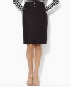 Crafted from sleek stretch cotton twill, this Lauren by Ralph Lauren skirt is tailored in a sophisticated pencil silhouette with clean lines and polished hardware for a chic, feminine look.