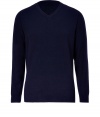 Give your timeless look an ultra modern redux with Costume Nationals navy V-neck pullover - V-neckline, long sleeves, shoulder seam detailing, ribbed trim - Contemporary slim, straight fit - Team with tailored trousers and minimalist leather jackets