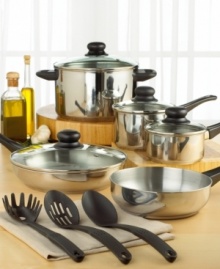 The chef's dozen. This 12-piece cookware set has everything you need to cook fantastic full meals. The polished stainless steel construction looks great and heats quickly and evenly for consistently impressive results. Glass lids allow you to monitor food as you cook, while phenolic handles stay cool for easy handling. Limited lifetime warranty. The chef's dozen. This 12-piece cookware set has everything you need to cook fantastic full meals. The polished stainless steel construction looks great and heats quickly and evenly for consistently impressive results. Glass lids allow you to monitor food as you cook, while phenolic handles stay cool for easy handling. Limited lifetime warranty.