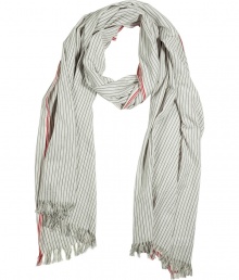 Stylish scarf in fine, pure cream cotton - Elegant, all-over navy stripe motif, red stripe detail at border - Supremely soft, lightweight fabric - Delicate fringe at hem - Generously proportioned, drapes beautifully - A colorful compliment to any number of streamlined styles - Pair with a t-shirt and blazer, a pullover and chinos or jeans and a henley Stylish scarf in fine, pure cream cotton - Elegant, all-over navy stripe motif, red stripe detail at border - Supremely soft, lightweight fabric - Delicate fringe at hem - Generously proportioned, drapes beautifully - A colorful compliment to any number of streamlined styles - Pair with a t-shirt and blazer, a pullover and chinos or jeans and a henley