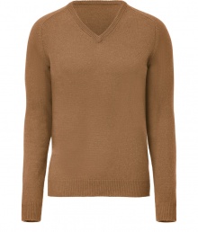 Quietly elegant and effortlessly cool, Jil Sanders camel pullover raises the bar on everyday indispensables - Classic  v-neck style, in a soft, densely woven medium-weight Italian wool and camel hair blend - Rib trim at cuffs, collar and sleeves - Slim, straight cut - Versatile and polished, seamlessly transitions from work to weekend - Pair with slim trousers, chinos or dark denim