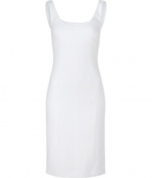 Luxe dress in fine, white cotton stretch blend - Sheath style hits just above the knee and creates a flattering, curve-hugging silhouette - Fitted, sleeveless bodice with wide, round neckline - The sexy, standout details: criss cross straps and long zip at back - Perfect for parties, dressy luncheons and evenings out - Pair with strappy sandals or classic pumps and a colorful clutch