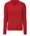 Quietly elegant and effortlessly cool, Jil Sanders red pullover raises the bar on everyday indispensables - Classic  v-neck style, in a soft, densely woven medium-weight Italian wool and camel hair blend - Rib trim at cuffs, collar and sleeves - Slim, straight cut - Versatile and polished, seamlessly transitions from work to weekend - Pair with slim trousers, chinos or dark denim