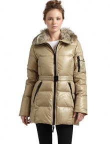 THE LOOKRemovable plush coyote fur collarFront zipperRemovable belt with slide-release logo buckleDual angled zip pocketsLong sleeves with snap flap and zip pocketsTHE FITAbout 37 from shoulder to hemTHE MATERIALShell: nylon/polyurethaneLining: nylonFill: goose down/feathersFur: natural coyote furCARE & ORIGINDry clean; remove detachable fur collarImportedFur origin: USAModel shown is 5'11 (180cm) wearing US size Small. THE LOOKRemovable plush coyote fur collarFront zipperRemovable belt with slide-release logo buckleDual angled zip pocketsLong sleeves with snap flap and zip pocketsTHE FITAbout 37 from shoulder to hemTHE MATERIALShell: nylon/polyurethaneLining: nylonFill: goose down/feathersFur: natural coyote furCARE & ORIGINDry clean; remove detachable fur collarImportedFur origin: USAModel shown is 5'11 (180cm) wearing US size Small.