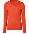 Add a bright edge to your contemporary knitwear collection with Jet Sets radiant dark orange ribbed wool V-neck pullover - Contrast knit at shoulders, flat ribbed trim - Modern slim fit - Wear with everything from jeans and rugged boots to tailored trousers and lace-ups