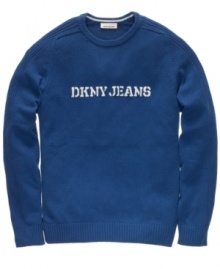 Your mission is simple. This DKNY Jeans sweater has a straightforward military-style logo for easy casual style. Your mission is simple. This DKNY Jeans sweater has a straightforward military-style logo for easy casual style.