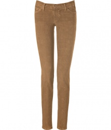 Stylish skinny pant in cashew stretch corduroy from cult label Current Elliott - Fine wale - Ultra-slim, feminine fit - -Low rise hits at hip- Five pocket detail, wide belt loops - A sexy, flattering wardrobe staple - Pair with blazers, long cardigans and cashmere pullovers