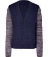 Edgy yet understated, Eduns multicolor cardigan is a cool and easy choice for contemporary daytime looks - V-neckline, variegated tonal grey long sleeves, button-down front - Classic slim straight fit - Wear with denim shirts, tailored trousers and boots