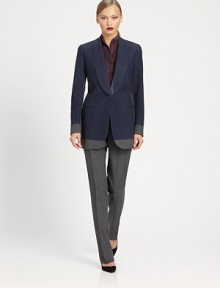 Contrasting front and back colored panels elevate this otherwise minimal, classic wool silhouette.Shawl lapelsLong sleeves with contrast cuffsButton closureWelt pocketsAbout 27 from shoulder to hemWoolDry cleanMade in ItalyModel shown is 5'11 (180cm) wearing US size 4. Contrasting front and back colored panels elevate this otherwise minimal, classic wool silhouette.Shawl lapelsLong sleeves with contrast cuffsButton closureWelt pocketsAbout 27 from shoulder to hemWoolDry cleanMade in ItalyModel shown is 5'11 (180cm) wearing US size 4.