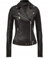 Rugged-gone-luxe, this fitted biker jacket from Jitrois brings edgy-cool flair to any look - Classic bike styling, spread collar with snap details, epaulets, asymmetrical zip closure, multiple zip pockets, zip-detailed cuffs and back details, belted waist - Pair with skinny jeans, a printed tee, and platform booties