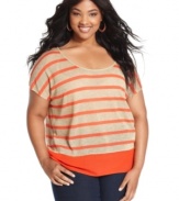 Score dazzling style with Soprano's short sleeve plus size top, featuring metallic stripes-- it's so on-trend! (Clearance)