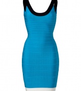 Strike a sultry pose in this perennial favorite cocktail-ready dress from Herv? L?ger, updated this season with a chic colorblock - Scoop neck, sleeveless, bandage style with figure-hugging multi-panels, concealed back zip closure - Extra form-fitting - Style with platform pumps and a statement clutch