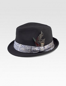 An ideal choice for the gentleman with a dapper sense of style, accented with paisley trim, feather and signature logo detail.70% polyester/30% woolDry cleanImported An ideal choice for the gentleman with a dapper sense of style, accented with paisley trim, feather and signature logo detail.70% polyester/30% woolDry cleanImported