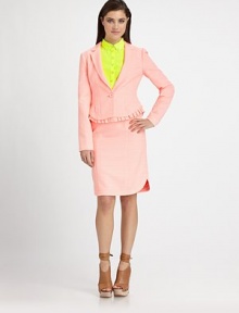 A feminine, shapely take on the single-button blazer, updated in a pretty houndstooth print and flared, ruffled hem.Notch collarDefined shouldersLong sleevesBodice dartsFlared hemAbout 20 from shoulder to hem55% polyester/45% cottonDry cleanMade in USA of imported fabricModel shown is 5'8½ (174cm) wearing US size 4. A feminine, shapely take on the single-button blazer, updated in a pretty houndstooth print and flared, ruffled hem.Notch collarDefined shouldersLong sleevesBodice dartsFlared hemAbout 20 from shoulder to hem55% polyester/45% cottonDry cleanMade in USA of imported fabricModel shown is 5'8½ (174cm) wearing US size 4.